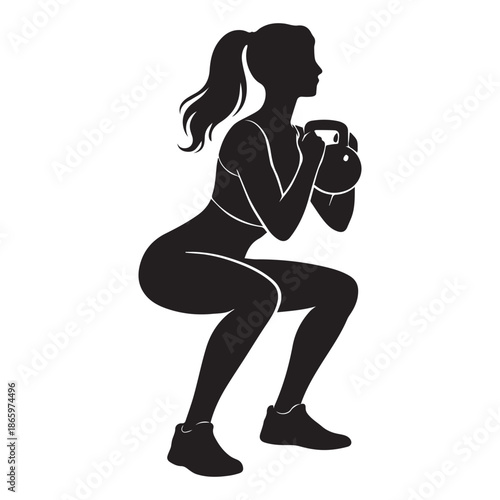 Woman performing squat exercise with kettlebell silhouette, fitness workout pose