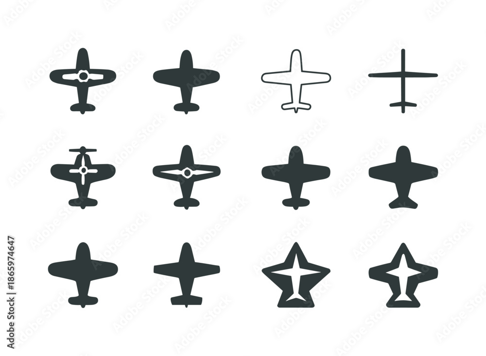 Fototapeta premium Airplane Logo Variations. Airplane. Icon set. Set Logo of airplane: propeller plane. harmonious logo variations of the same emblematic concept, each with