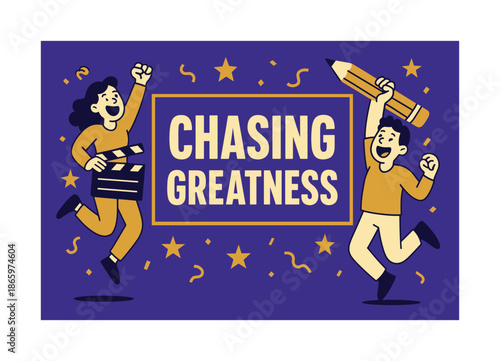 Chasing Greatness Banner. Chasing greatness banner, flat vector illustration, bold oversized text inside rectangular frame, cartoon characters jumping and