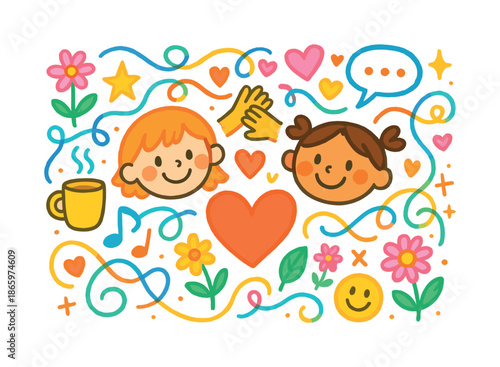 Colorful Emotional Bonding. Emotional Bonding. Colorful Hand-drawn doodle Children illustration hearts, intertwined lines, flowers, stars, sparkles, warm