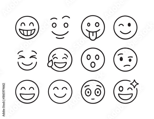 Funny Face Icons. Funny expressions. Line icon set of funny expressions: big smile, raised eyebrow, silly tongue, wink, giggle icon, laugh tear, surprised