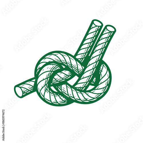 Green rope knot tied around two cylindrical objects on white background