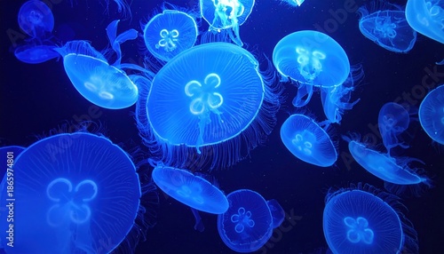 Bioluminescent Jellyfish Swarm Underwater in Deep Blue Ocean.