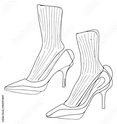 Hand drawn line art footwear set featuring feet wearing high heels and ribbed socks for fashion design