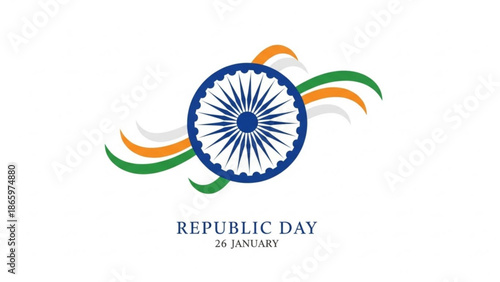 Indian republic day celebration with ashoka chakra symbol and tricolor ribbons on white background with National flag and Patriotism and National pride