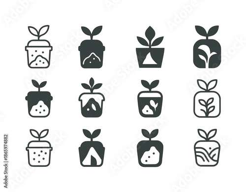 Zero Waste Farming Icons. zero waste farming. Icon set. Set Logo of zero waste farming: compost bin. harmonious logo variations of the same emblematic concept,