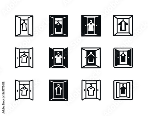 Modern Wardrobe Icons. Open closet. Icon set. Set Logo of Open closet: tidy modern wardrobe. harmonious logo variations of the same emblematic concept, each