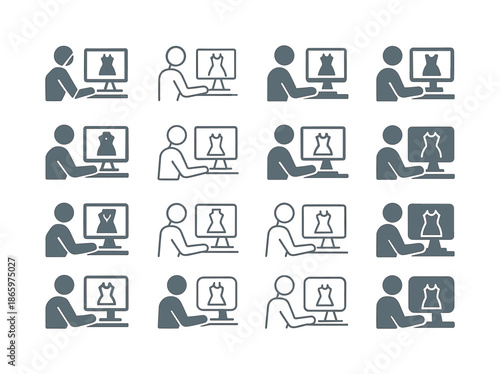 Fashion Design Icons. A designer creating a new collection on a computer with fashion design software. Icon set. Set Logo of A designer creating a