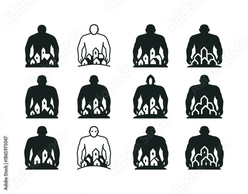 Giant Logo Variations. Tales of giants. Icon set. Set Logo of Tales of giants: giant shadow over village. harmonious logo variations of the same emblematic