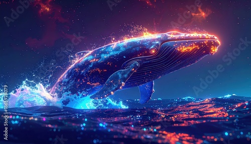 Majestic Glowing Whale Breaching Ocean Waves at Night.
