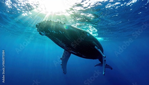 Majestic Humpback Whale Swimming Gracefully in the Deep Blue Ocean.
