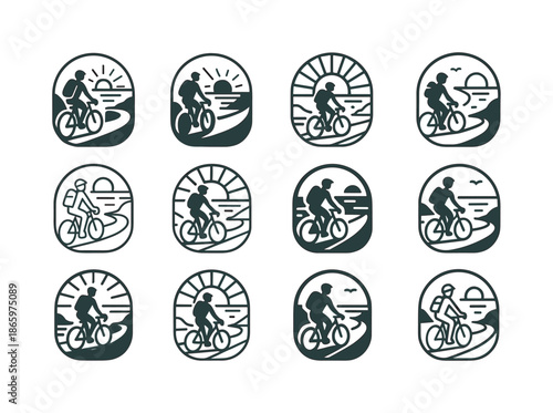Cyclist Emblem Variations. A Cyclist Riding Along a Scenic Coastal Road, Taking in the View. Icon set. Set Logo of A Cyclist Riding Along a Scenic Coastal