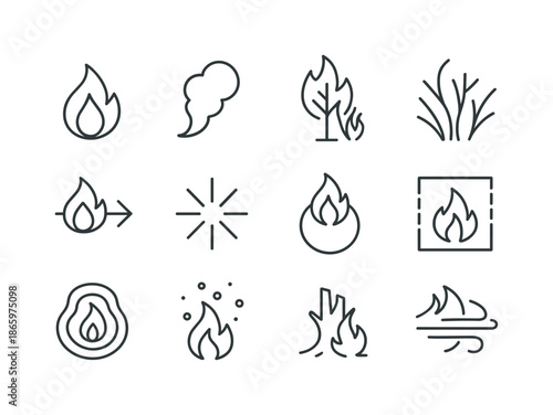 Wildfire Hazard Icons. Wildfire hazards. Line icon set of wildfire hazards: flame icon, smoke plume, burning tree, dry brush, fire spread arrow, spark symbol,