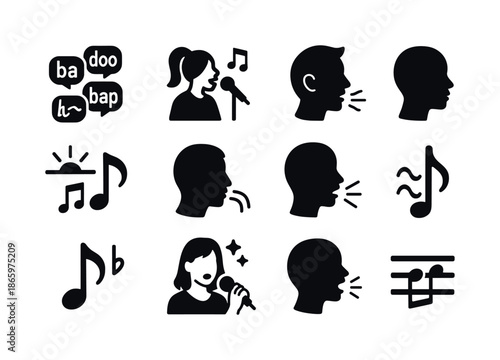 Jazz Singing Techniques Icons. Jazz singing techniques. Solid icon set of Jazz singing techniques: scat syllables, improvisation icon, jazz phrasing, vocal