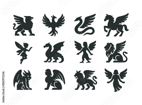 Mythical Winged Icons. Mythical Winged Creatures. Solid icon set of Mythical Winged Creatures: griffin, phoenix, winged serpent, pegasus, tiny fairy, dragon