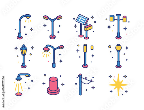 Colorful Isometric Light Poles. Light poles. Colorful isometric vector icons set of light poles: curved street lamp, twin LED pole, solar light tower, modern