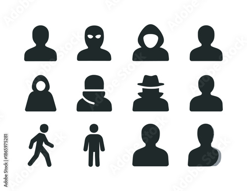 Anonymous Icons Compilation. Anonymous people. Solid icon set of anonymous people: silhouette, masked person, hooded figure, back view, cloaked figure, figure