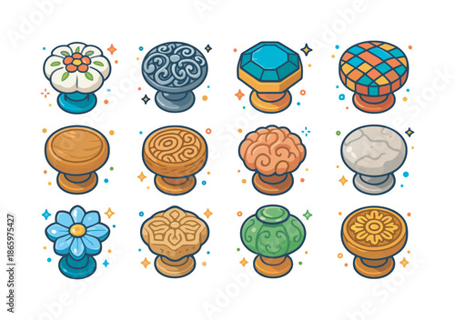 Ornate Knob Icons. Ornate knobs. Colorful isometric vector icons set of ornate knobs: floral ceramic knob, filigree metal knob, gemstone inset knob, mosaic