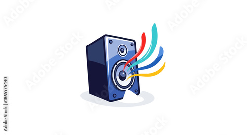 Blue Speaker with Colorful Sound Waves Emanating from It.