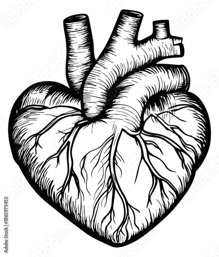 Hand drawn line art illustration of a human heart depicting anatomy for medical and healthcare concepts
