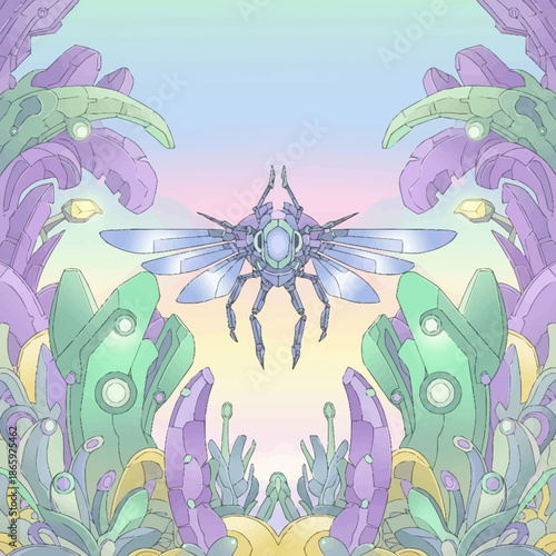 A robotic insect hovers amidst stylized plantlike structures under a pastel sky