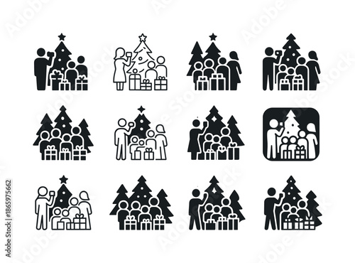 Family Christmas Icons. family taking a holiday photo in front of the christmas tree. Icon set. Set Logo of family taking a holiday photo in front of the