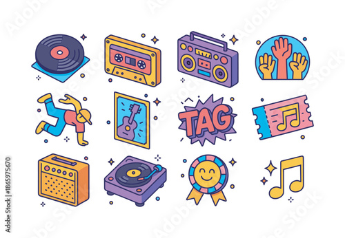 Music Youth Icon Set. Music Culture and Youth Movements. Colorful isometric vector icons set of Music Culture and Youth Movements: vinyl record, cassette tape,