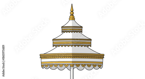 Ornate Multi-Tiered White and Gold Ceremonial Umbrella.