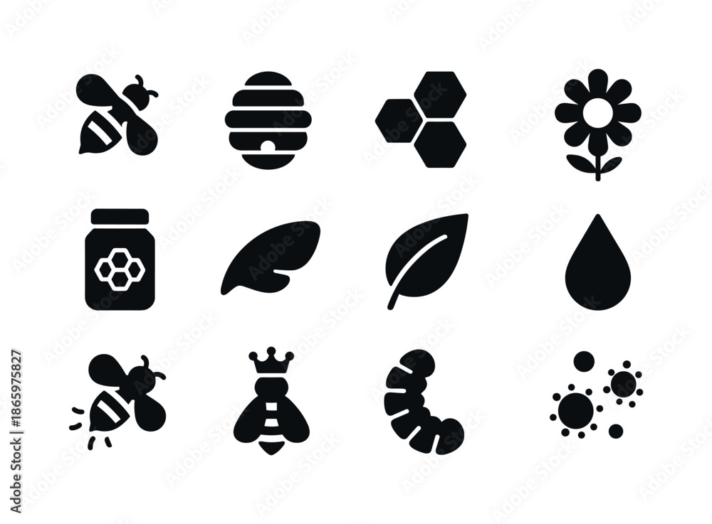 Fototapeta premium Bee Icon Collection. Bees. Solid icon set of Bees: bee, hive, honeycomb, flower, jar of honey, wing, leaf, droplet, buzzing lines, bee queen, larvae, pollen.