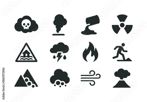 Environmental Hazard Icons. Environmental Hazards. Solid icon set of Environmental Hazards: toxic cloud, smoke plume, chemical spill, radiation symbol, flood