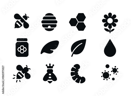 Bee Icon Collection. Bees. Solid icon set of Bees: bee, hive, honeycomb, flower, jar of honey, wing, leaf, droplet, buzzing lines, bee queen, larvae, pollen.