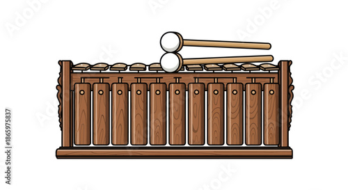 Traditional Wooden Gamelan Instrument with Mallets Musical Percussion.