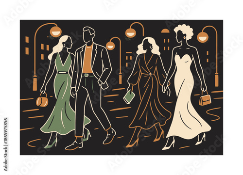 Stylish City Stroll. People walking on a city street dressed in stylish outfits ? evening fashion glow. Streetlights reflect off metallic accessories; flowing