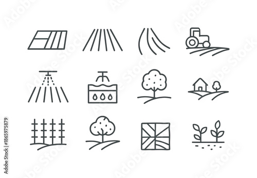 Land Icons Set. Land. Line icon set of Land: agricultural plot, crop rows, tractor path, irrigation symbol, soil moisture icon, plowed field, vineyard grid,