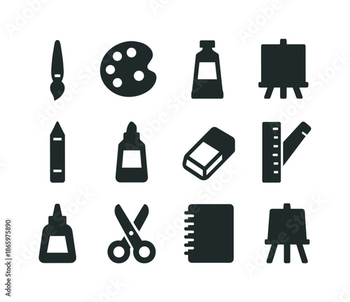 Art Supplies Icons. Art supplies. Solid icon set of Art supplies: paintbrush, palette, paint tube, canvas, pencil, marker, eraser, ruler, glue, scissors,