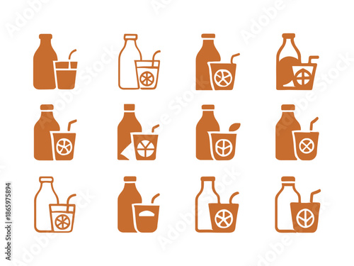 June Picnic Icons. June picnic in the park. Icon set. Set Logo of June picnic in the park: lemonade bottle and cup. harmonious logo variations of the same