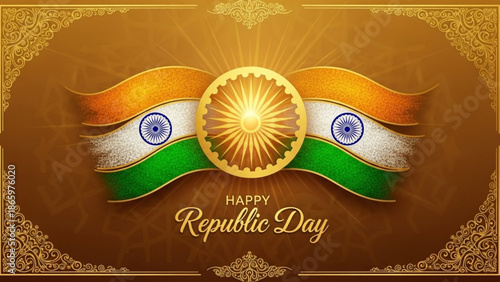 Indian republic day celebration with tricolor flag and golden emblem on brown background with ornate designs with Indian flag and Patriotic and National holiday