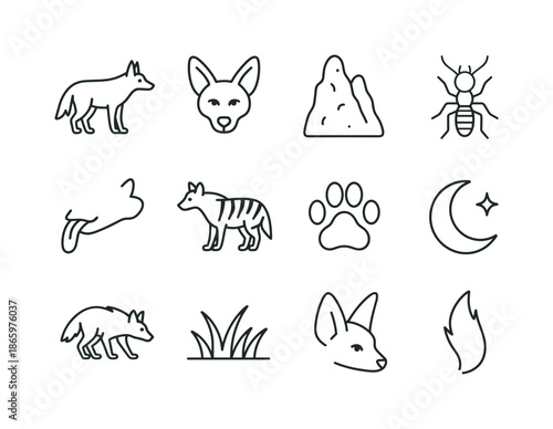 Aardwolf Icon Set. Aardwolves. Line icon set of Aardwolves: aardwolf silhouette, head icon, termite mound, termite symbol, long tongue icon, striped body,