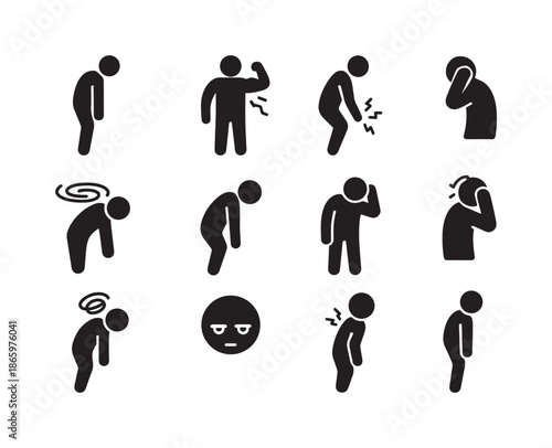 Body Discomfort Icons. Body discomfort. Solid icon set of Body discomfort: body ache, muscle tension, sore joints, heavy arms, slouch figure, headache pulse,