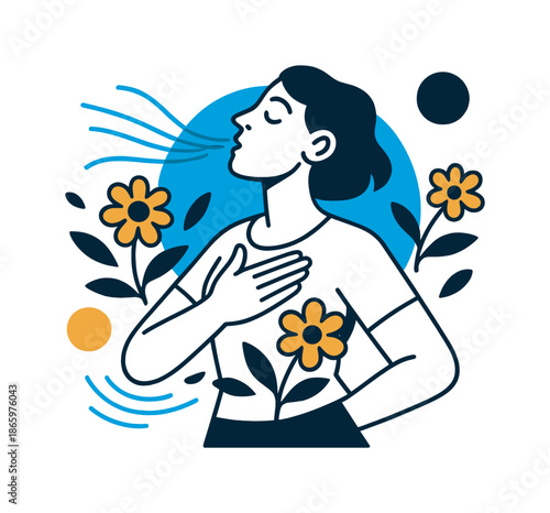 Healing Breath Aura. Healing Breath Moment. A figure inhales deeply as floating lines visualize expanding air, while flowers bloom with each breath. A soft