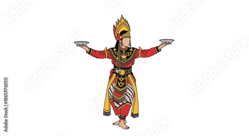 Stylized Traditional Dancer in Elaborate Costume Holding Plates.