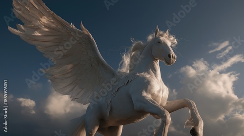 Majestic White Pegasus Soaring Against Dusky Sky