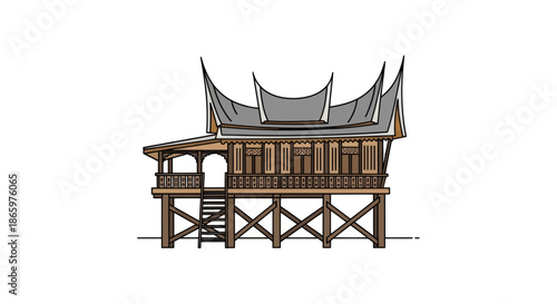 Traditional Indonesian Minangkabau House Architecture with Distinctive Roofline.