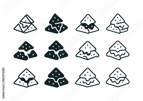 Loaded Nachos Icons. Loaded nachos. Icon set. Set Logo of Loaded nachos: tortilla chips stack. harmonious logo variations of the same emblematic concept, each