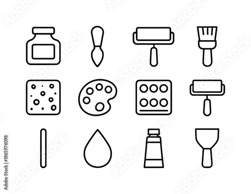 Ink Tools Icons. Ink tools. Line icon set of ink tools: ink bottle, ink knife, brayer, bristle brush, sponge, palette, ink tray, roller, mixing stick, droplet
