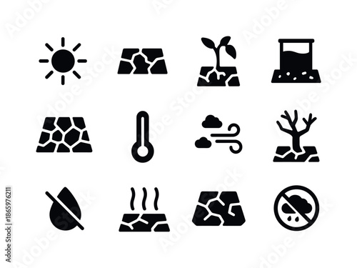 Drought Icon Set. Drought conditions. Solid icon set of Drought conditions: sun icon, dry land, wilted plant, empty reservoir, cracked field, thermometer, dust