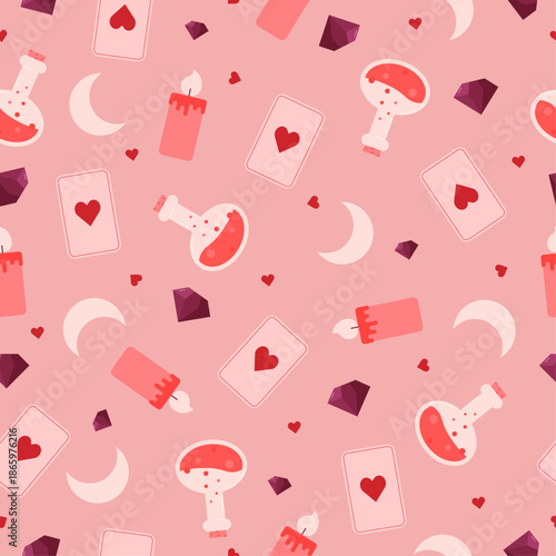Hand drawn seamless cute witchy Valentine pattern with hearts, potion bottles, candles and moons. Vector print with simple geometric shapes on pink background. Love backdrop