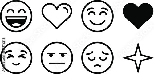 Black and white emoji icon set with faces hearts and star minimalist outline symbols isolated on white background vector