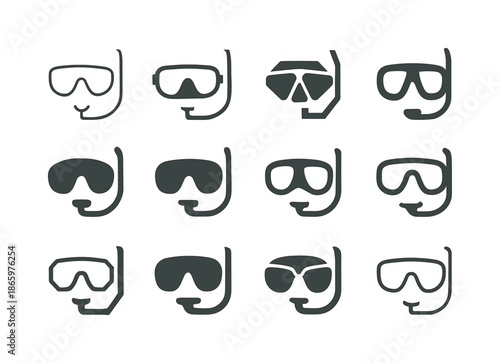 Scuba Gear Icons. Scuba Gear. Icon set. Set Logo of Scuba Gear: diving mask. harmonious logo variations of the same emblematic concept, each with different