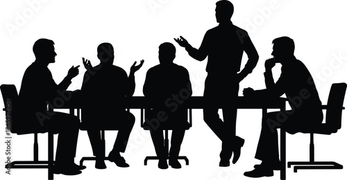 Business meeting silhouette showing team discussion brainstorming and presentation around conference table isolated on white background black vector illustration